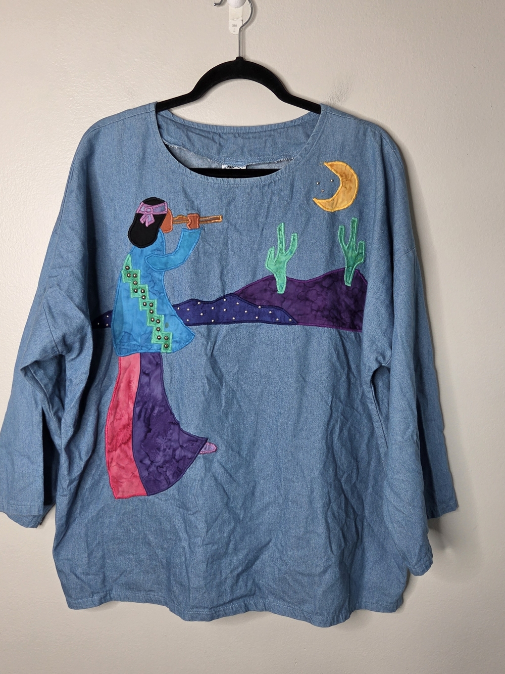 Alfredo's Wife Blue Denul Wearable Art Southwestern Style Blouse